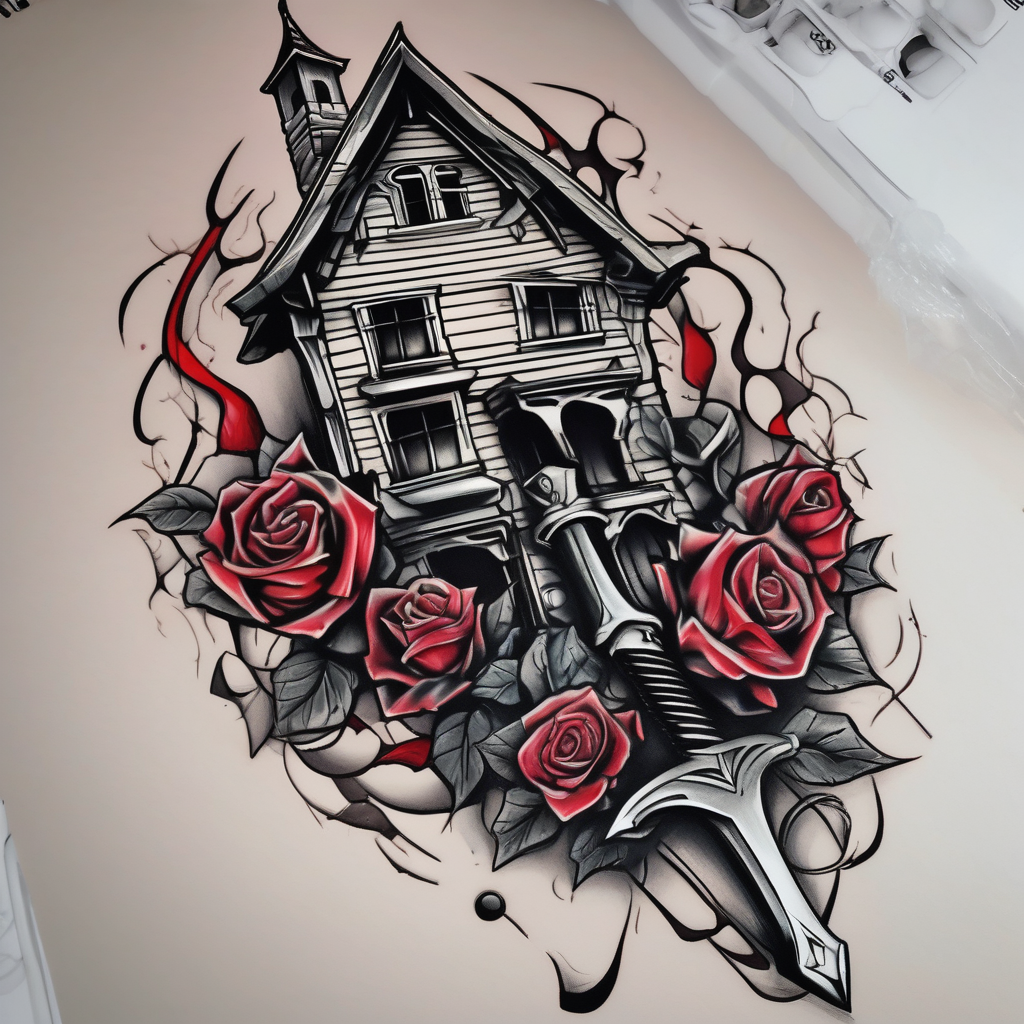 tattoo fool sleeve, old broken gothic home, broken sword, roses glitter tattoo, diseño de tatuaje Cartoon generado con IA